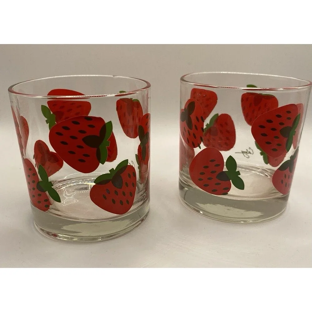 2) Vtg 70s Strawberry Glasses Signed by Colony 3.5” Drinkware MCM Juice Lowball